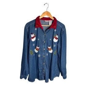 Vintage Bobbie Brooks Snowman Button Up Size XL Embroidered Velvet Collar
